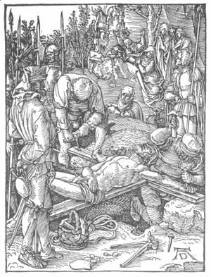 Albrecht Durer - Small Passion, 23. Christ Being Nailed to the Cross