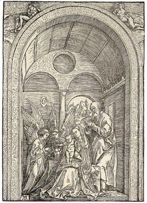 The Holy Family with two Angels in a vaulted Hall