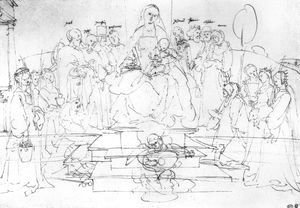 Studies on a great picture of the Virgin   Madonna and Child, saints and angels playing