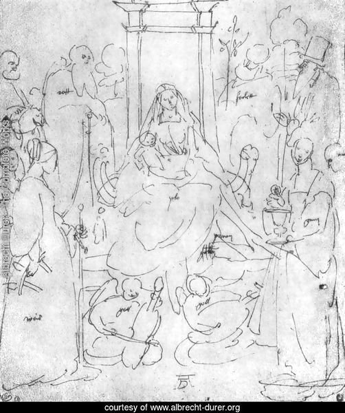 Madonna and Child, saints and angels playing