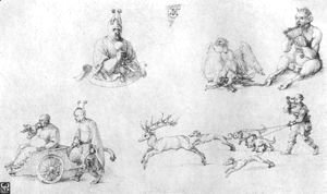 Study sheet with fools, Faun, Phoenix and Deer Hunting