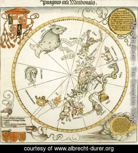 Albrecht Durer - Map of the Southern Sky, with representations of constellations, decorated with the crest of Cardinal Lang von Wellenburg, and a dedication to him with his coats of arms and the Imperial copyright