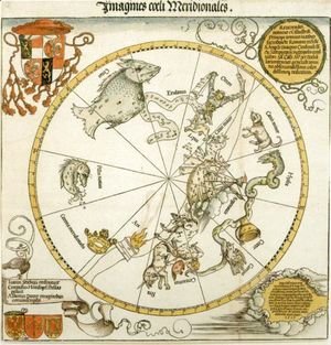 Map of the Southern Sky, with representations of constellations, decorated with the crest of Cardinal Lang von Wellenburg, and a dedication to him with his coats of arms and the Imperial copyright