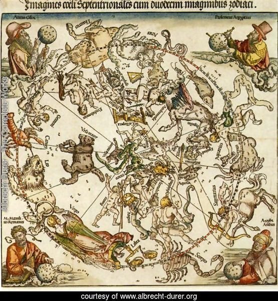 Map of the Northern Sky with representations of the constellations, decorated with (clockwise) the astronomers Aratus Cilix, Ptolemaeus Aegyptus, Azophi Arabus (Addorrhaman al Sufi) and M. Manlius Romanus, designed by the Nuremberg mathematician and