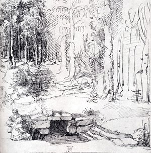 Forest Glade With A Walled Fountain By Which Two Men Are Sitting (or St. Anthony And St. Paul, Identified By The Flying Raven)