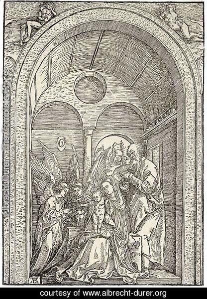 The Holy Family with two Angels in a vaulted Hall