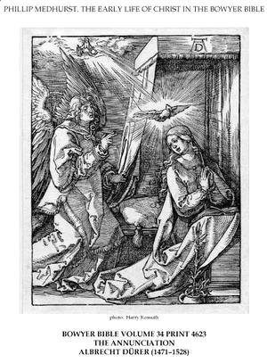 On the left the archangel Gabriel approach the praying Virgin Mary in her bedchamber