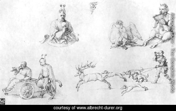 Study sheet with fools, Faun, Phoenix and Deer Hunting