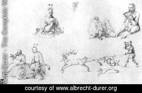 Albrecht Durer - Study sheet with fools, Faun, Phoenix and Deer Hunting