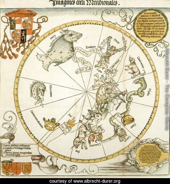 Map of the Southern Sky, with representations of constellations, decorated with the crest of Cardinal Lang von Wellenburg, and a dedication to him with his coats of arms and the Imperial copyright